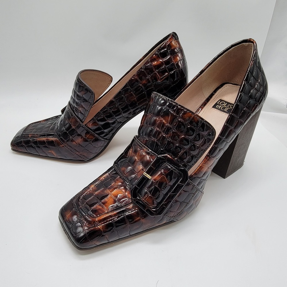 Louise et Cie Brown Tortoise Ovidio Croc Embossed Leather Loafer Pump Heels 9.5